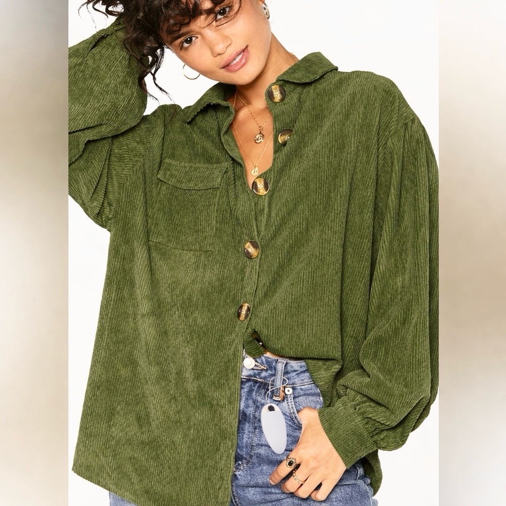 Nasty Gal Forest Green Corduroy Button-Down Shirt/Jacket